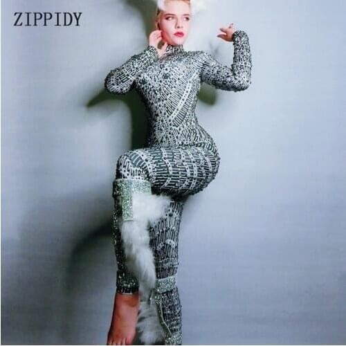 Fashion Black Gray Rhinestones Spandex Sexy Jumpsuit Stage Performance Feather Outfit Nightclub Wear DJ Female Singer Clothes