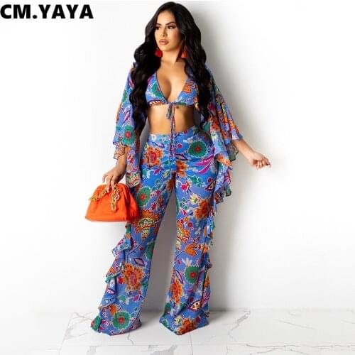 CM.YAYA Women Set Print Ruffles Wrist Sleeve V-neck Crop Tops Flare Pants Two 2 Piece Sets Sexy Fashion Outfits Summer 2021