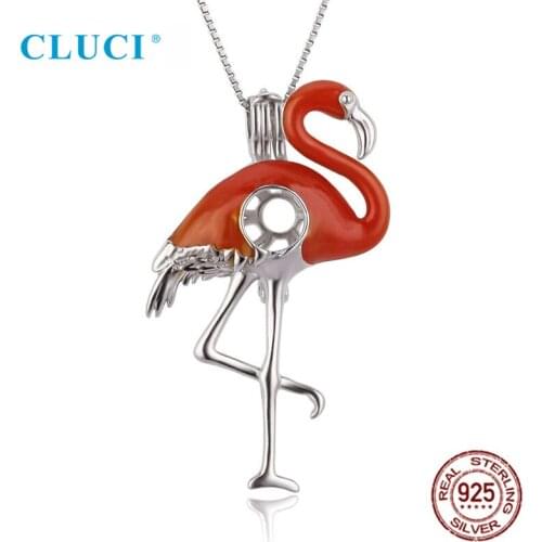 CLUCI 925 Sterling Silver Charms Red Flamingo Pearl Cage Locket Pendant for Necklace For Women SC377SB