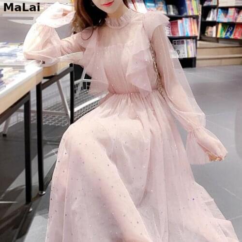 Pink Dress French Mesh Fairy Vintage Long Sleeve Women Korean Sequins Dress Female Kawaii Party Clothes Spring One-piece Dress