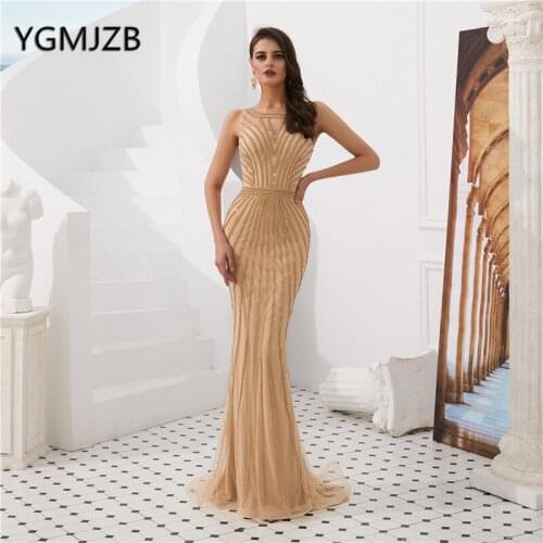 Champagne Evening Dress 2019 Elegant Crystal Beading Tulle Sexy Arabic Woman Formal Party Gown Long Prom Dress robe de soiree