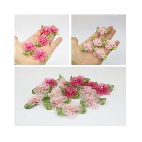 10pcs 3CM Wide Pink Rose Gauze Studded Beaded Flowers Diy Hand-made Clothing Tiara Accessories Lace Applique