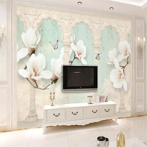 Beige magnolia butterfly Roman column 3d stereo TV background wall professional production wallpaper wall whole house custom