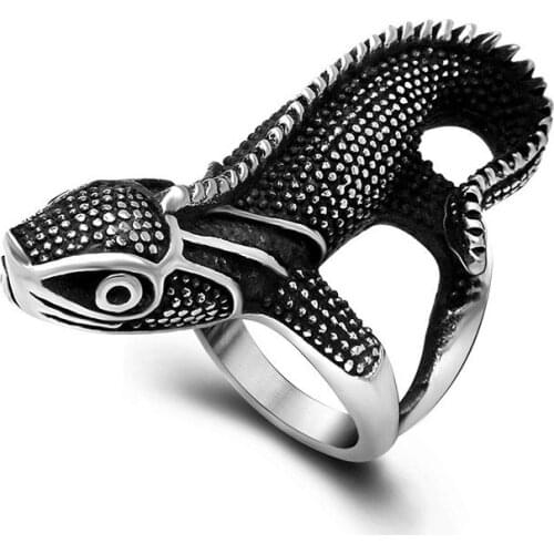 BUDROVKY Wholesale Titanium Steel Vintage Lizard Ring Fashion Punk Ring 316L Stainless Steel Animal Ring Jewelry