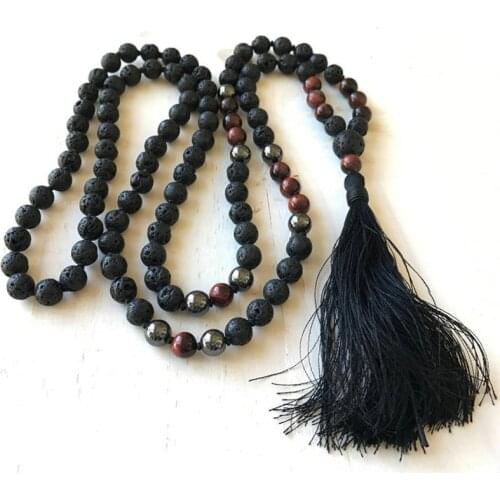 Black Lava Stone Red Tiger Eye Hematite Mala Necklace Healing Meditation Jewelry 108 Mala Beads Knotted Tassel Necklace For Men