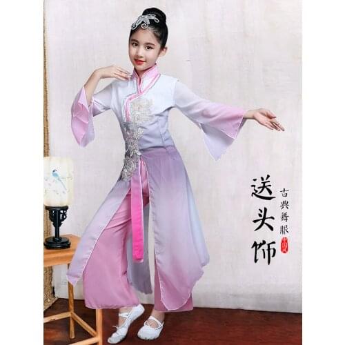 Children hanfu classical dance costumes girls Chinese style yangko dance hmong fan dance clothes national performance clothing