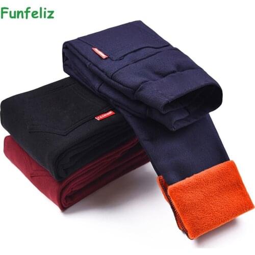 Funfeliz Baby Girl Trousers Kids Warm Pants Winter Velvet Thickening Leggings Girls Fleece Skinny Pant for Children Pants