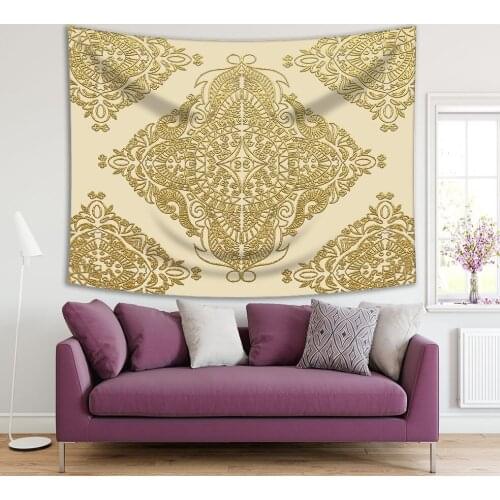 Tapestry Decorative Mandala Gold Ornamental Floral Pattern on Beige Background Classic Decorative Art Print