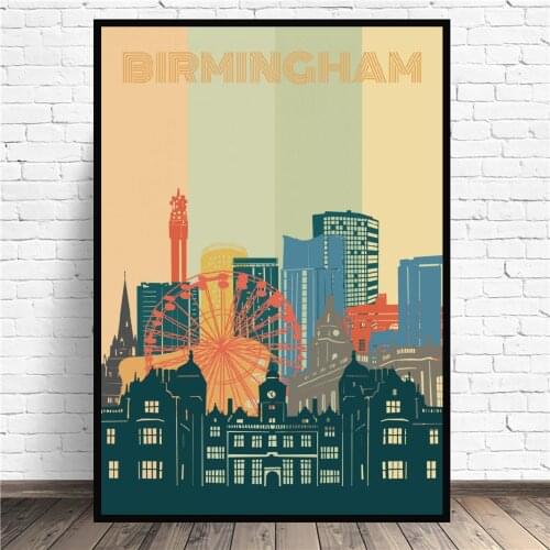 Birmingham City Retro Cityscape Canvas Painting Art Print Poster Picture Wall Modern Minimalist Bedroom Living Room Decoration