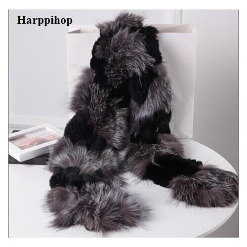 Harppihop silver fox fur black color New Fox fur c/w rex rabbit fur scarf wrap cape shawl best Christmas gift birthday gift