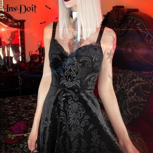 InsDoit Women Black Gothic Lace High Waist Mini Dress Harajuku Sexy Spaghetti Strap V Neck Dress Vintage Party Club Wear Dress
