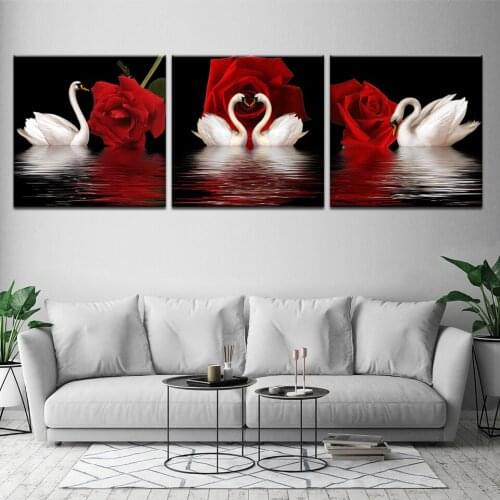 Canvas Painting Modern Art Framework Live 3 Panel White Swans Red Roses Flowers Photo Wall Decoration Modular Picture Poster