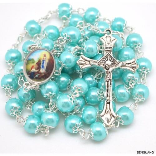 Catholic glass imitation pearl cap rosary religious different color round cap Fatima centerpiece glass rosary necklace