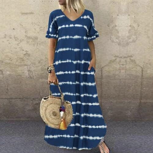 Summer Stripe Printed Maxi Dress For Women Casual V Neck Ruffles Short Sleeve Loose Pockets Long Dresses Lady Vestidos Plus Size