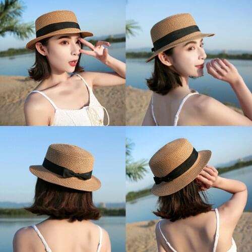 Summer Panama Hat Women Sun Hats Simple Beach Hat Girls Casual Lady Flat Brim Bowknot Straw Cap Girls Sun Hat Chapeu Feminino