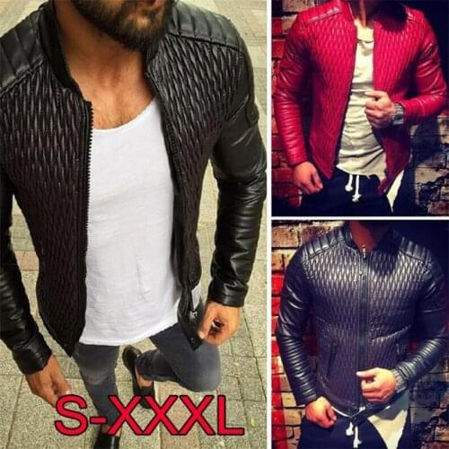 Fire Red Fashion Motorcycle Leather Jackets Men Coats Stand Collar Diamond Lattice PU Outerwear Male Jacket Brand Clothing Coat