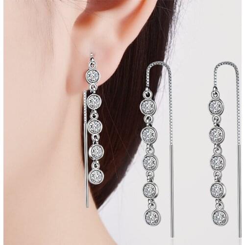 Newest Fresh Long Drop Earrings Five-Section Round Beads Zircon Connected Box Chain Ear Line Charming Dangle Piercing Earrings