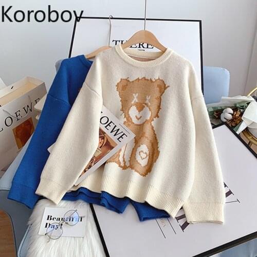 Korobov 2021 New Women O Neck Long Sleeve Sweater Korean Sweet Kawaii Japanese Pullover Vintage Cartoon Harajuku Jumper