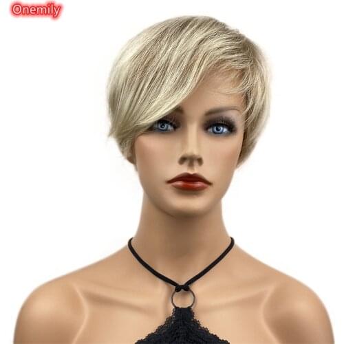 Onemily Brown Blonde Mixed Short Straight Pixie Cut Hair Women Synthetic Wig with Bangs for Daily Use