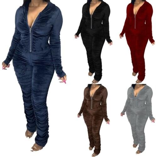CM.YAYA Autumn Streetwear Velvet Ruched Bodycon Long Sleeve Jumpsuit Women Active Stacked Zipper Hooded Romper One Piece Overall