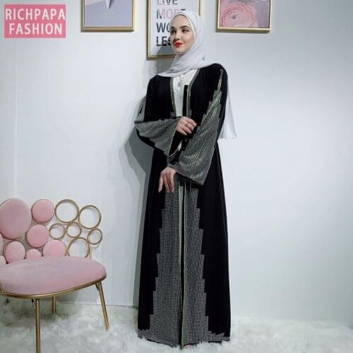 Diamonds Open Kaftan Dubai Abaya Kimono Cardigan Muslim Hijab Dress Caftan Islam Clothing Abayas For Women Robe Femme Musulman
