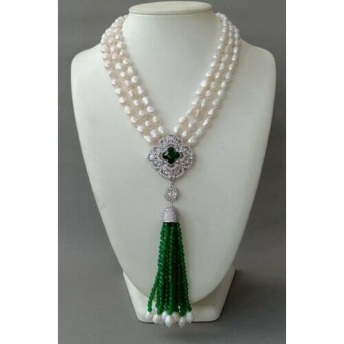3 Strands White baroque Pearl Necklace CZ zircon pave flower Green Jade Pendant tassel