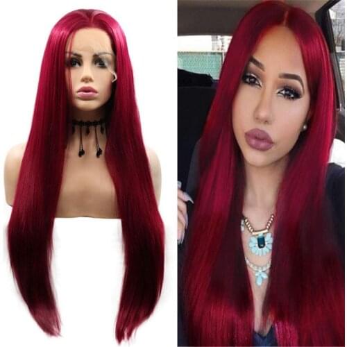 Wine Red Wigs for Black Women Long Silky Straight Pre-Plucked Natural Hairline Lace Front Wig Heat Resistant Fiber Hair Wigs