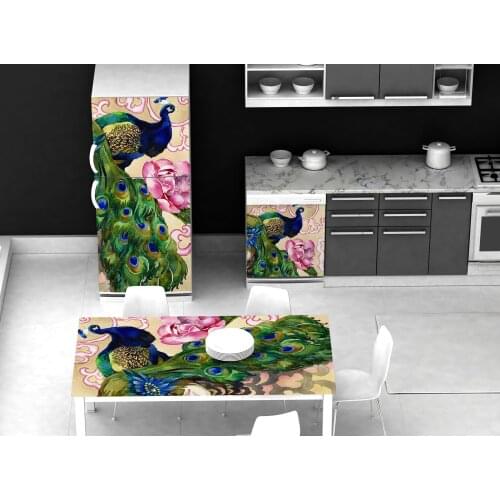 3D Self Adhesive Table Refrigerator Wrap Chinese Peacock Freezer Sticker Kids Art Fridge Door Cover Wallpaper Kitchen Accessory