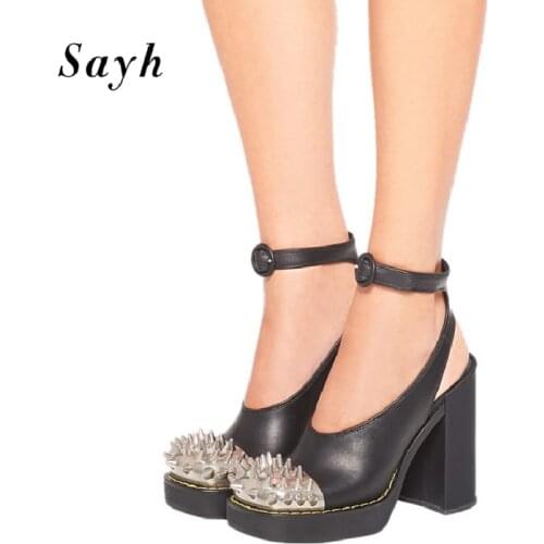 Summer Sandals Women Mules Pumps Thick High Heels Rivet Sandals Ankle Buckle Party Prom Shoes