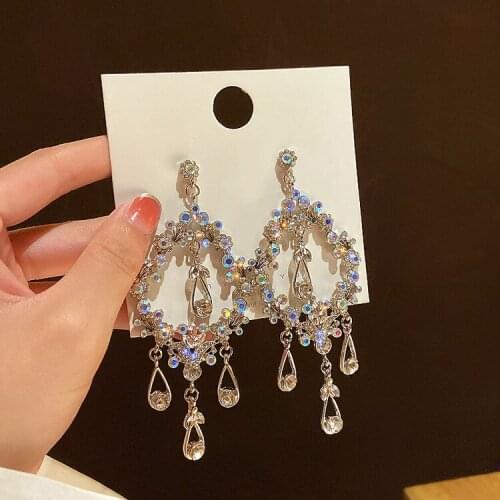 Silver Hollow Droplets Large Earrings Female Earrings Tassel Long Personalized Earrings