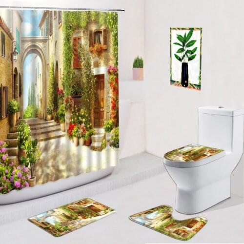 Street View Bathroom Set Shower Curtain Garden Building Scenery Home Supplies Non-Slip Flannel Carpet Bath Mat Toilet Foot Pad