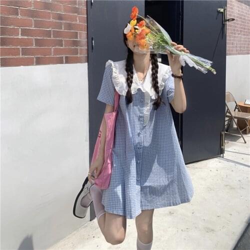 Willon Green Dress Doll Collar Plaid Short-sleeved Dress Female Summer New Style Korean Loose Skirt Trend