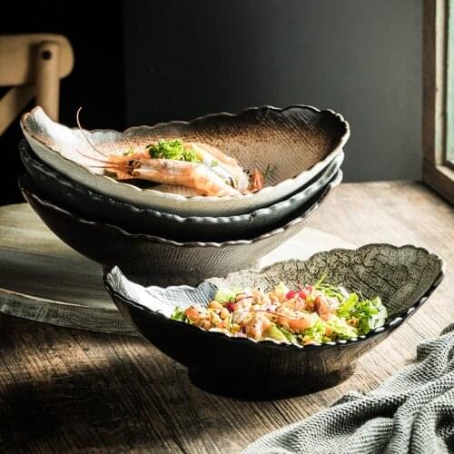 Japanese irregular retro tableware ceramic soup noodle plate creative living room fruit salad plate 12.8 inch decorative plate