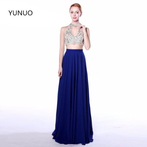 YUNUO 100% Real Picture Long Royal Blue 2021 A Line Crop Top Back Zipper Appliques Beading Sequined Chiffon Prom Dresses 547