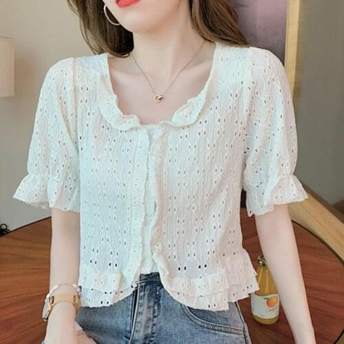 2021 Summer New Korean Fashion White Shirts for Women Lace Short Sleeve Blusa Mujer Casual Dropshipping Ladies Tops Solid 0640