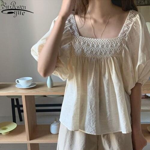 2021 Square Collar Vintage Splicing Womens Tops and Blouse Korea Hollow Crochet Bubble Sleeve Womens Shirt Summer Shirt 14321