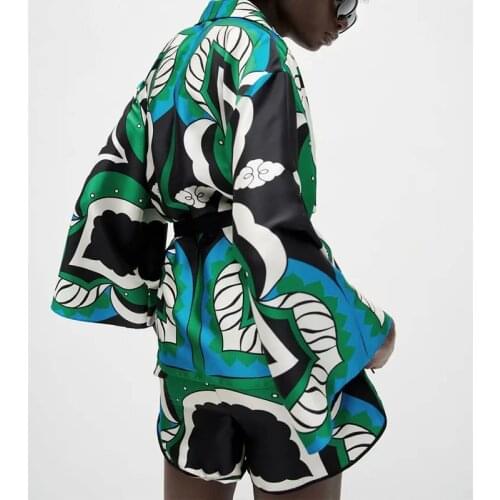 2pcs ZA Bermuda Women Shirt +Short Set 2021 Bow Printed Blouses Summer Female Tops Casual Long Sleeve Turn Down Collar T-Shirt