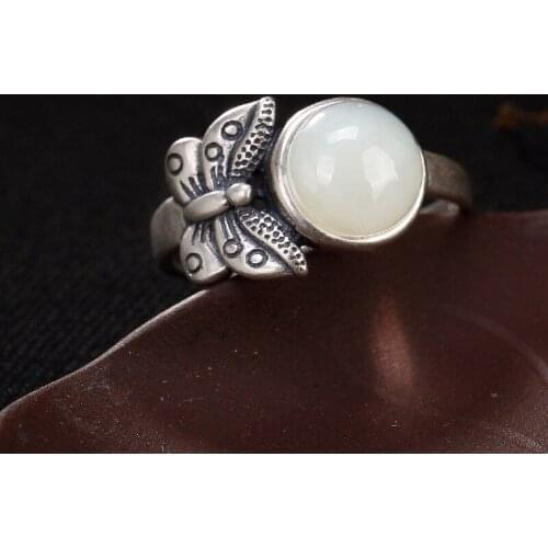 2019 Rushed Women Anel Feminino New Arrival S925 Pure Antique Old Natural Hetian Inlaid Butterfly Open Ring Wholesale