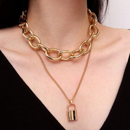 Gothletic Gold Color Multilayer Chunky Link Chain Choker Lock Necklaces & Pendants Women Jewelry 2019 NEW Valentines Day Gift