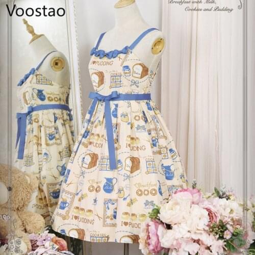 Japanese Sweet Lolita Jsk Pink Dress Women Harajuku Milk Bread Print Sleeveless Cute Dresses Girls Chic Blue Bow Lace-Up Dress