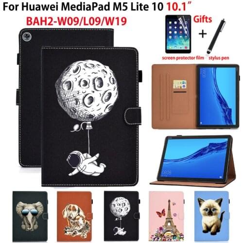 For Huawei MediaPad M5 lite 10 Case Cover BAH2-L09/W09/W19 10.1" Funda Tablet Cartoon Cat Silicone PU Leather Stand Shell +Gift