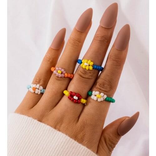 Tocona 5pcs/sets Colorful Bead Joint Ring Sets for Women Trendy Pretty Flowers Handmade Party Jewelry Accessories 16098