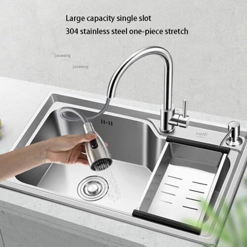 304 Stainless Steel Vegetable Kitchen Sink for Home Improvement Under Counter Basin Dishwashing Single-bowl with Pull-out Faucet