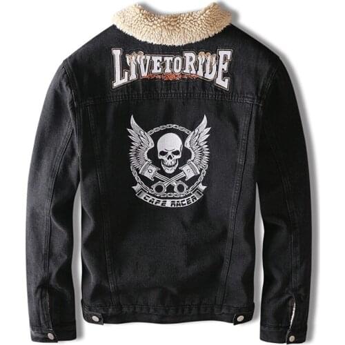 Mens Autumn/Winter Black Skull Embroidery Denim Jacket Plus Velvet Thickening With Fur Collar Casual Biker Denim Jacket Coat