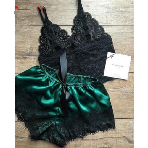 Women Lace V Neck Pajamas Set Fashion Sleeveless Nightwear Spaghetti Strap Vest+Short Pants Thin Sleeping Wear Lingerie