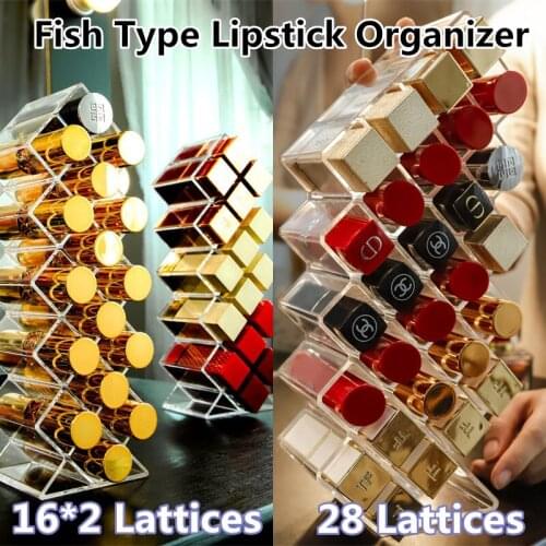 32/28 Lattices Acrylic Lipstick Organizer Fish Type Transparent Cosmetics Container Makeup Storage Rack Table Lip Gloss Holder