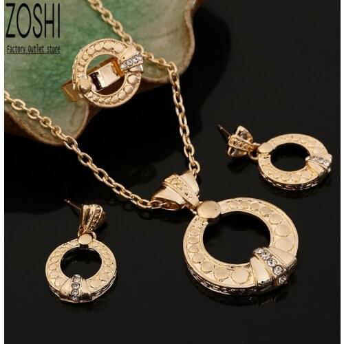 Retro Gold Plated Color Circle Jewelry Set Womens Fashion Party Jewelry Round Pendant Necklace Drop Earrings Crystal Open Ring