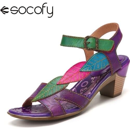 SOCOFY Women Elegant Style Sandals Colorful Leaf Shape Strap Splicing Printed Genuine Leather Shoes Hook Loop Heel Sandals