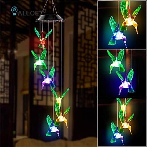 LED Colorful Wind Chime Solar Power Lamp Crystal Hummingbird Butterfly Waterproof Outdoor Garden Windchime Solar Light