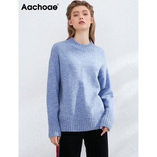 Aachoae Autumn 2021 Women Basic O Neck Printed Sweater Vintage Batwing Long Sleeve Jumper Tops Female Casual Loose Sweaters